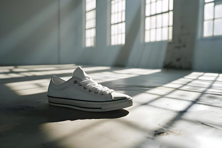 a pair of white sneakers sitting on top of a floorの素材