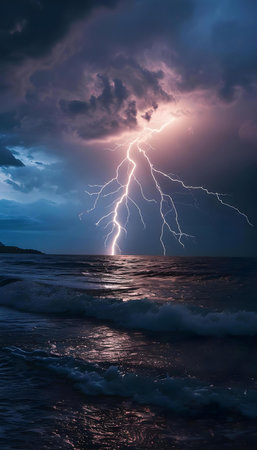 a lightning bolt hitting over the ocean on a cloudy dayの素材