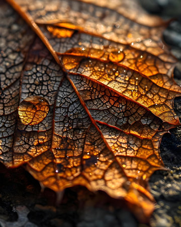 a close up of a leaf with drops of water on itの素材