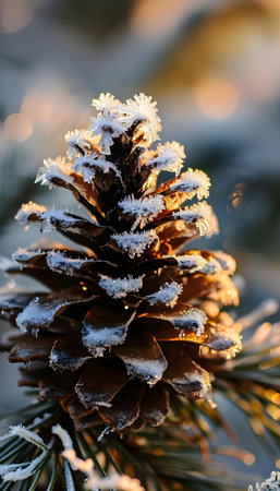 a close up of a pine cone covered in snowの素材