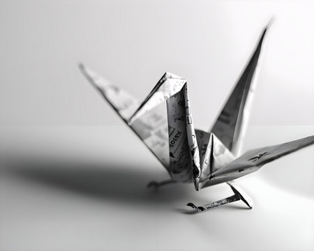 a small origami bird sitting on top of a tableの素材
