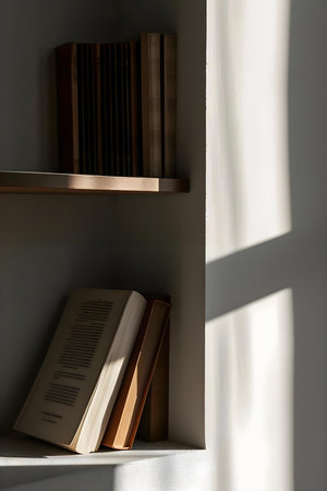 a book is sitting on a shelf in the corner of a roomの素材