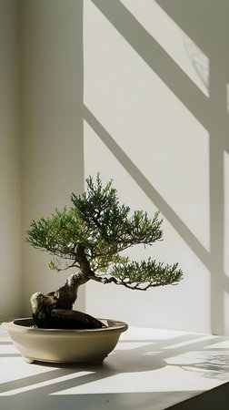 a bonsai tree in a white bowl on a tableの素材