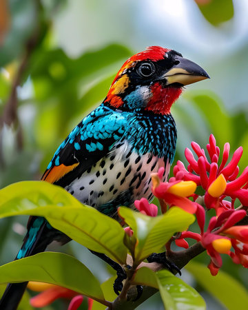 a colorful bird sitting on top of a red flowerの素材