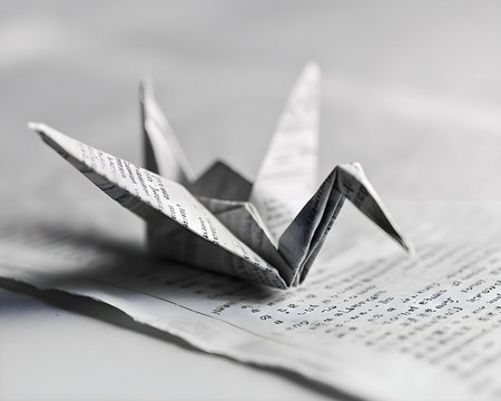 a folded origami bird sitting on top of a piece of paperの素材