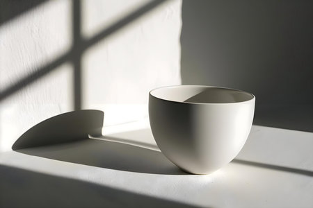 a white bowl sitting on top of a white tableの素材