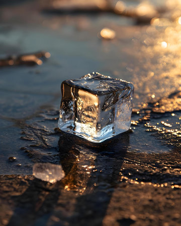an ice cube sitting on top of a wet groundの素材