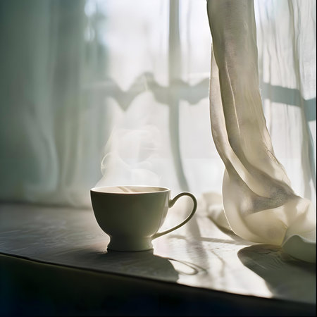 a cup of coffee sitting on top of a tableの素材
