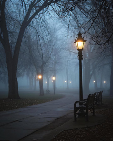 Park in the fog at night with a bench and lanterns.の素材