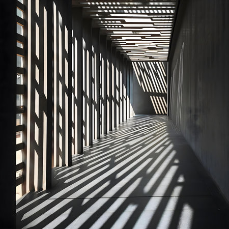 a long hallway with long shadows on the wallの素材