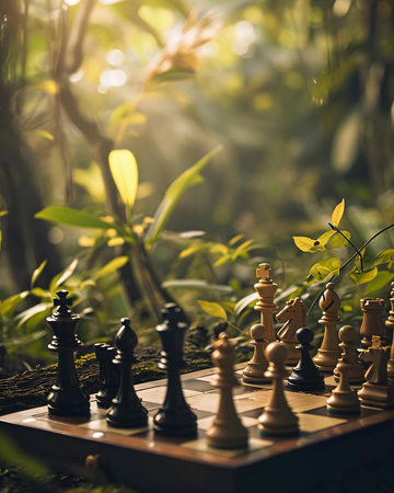 a wooden chess board with chess pieces on itの素材