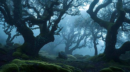 a forest filled with lots of trees covered in green mossの素材