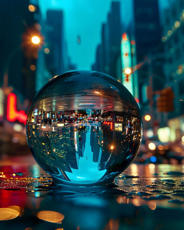 a glass ball sitting on the ground in the middle of a cityの素材