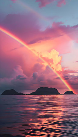 a rainbow in the sky over a body of waterの素材