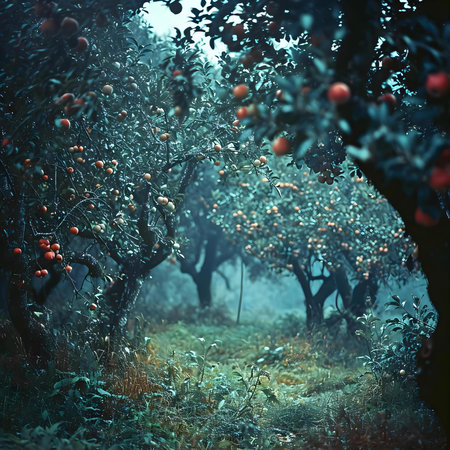 an apple orchard in a foggy forestの素材