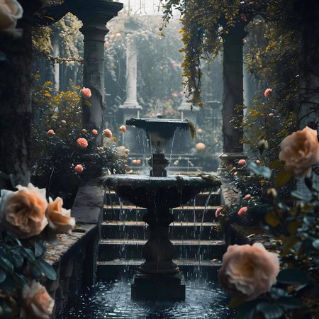 a fountain surrounded by roses in a gardenの素材
