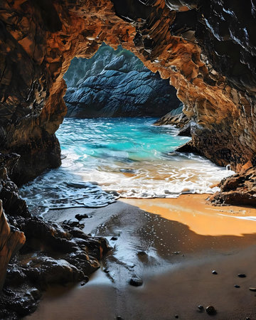 a view of a beach from inside a caveの素材
