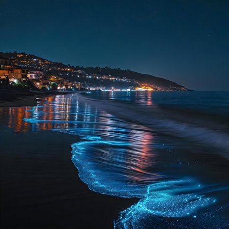 a view of a beach at night with a city in the backgroundの素材