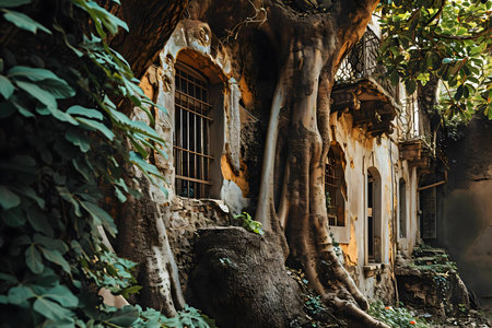 an old building with a tree growing out of itの素材