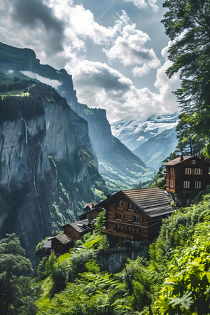 a scenic view of a mountain with a house in the foregroundの素材