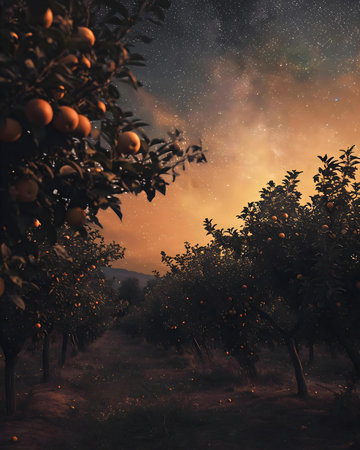 a grove of orange trees under a night skyの素材