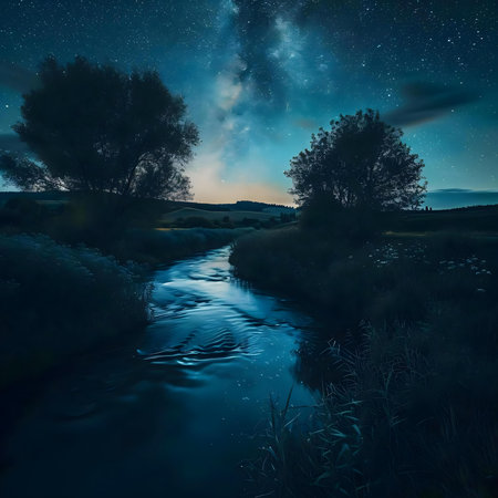 a river flowing under a night sky filled with starsの素材