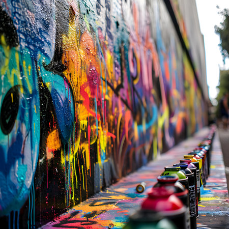 a row of fire hydrants sitting next to a wall covered in graffitiの素材