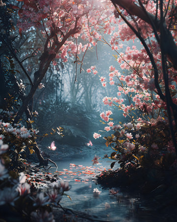 a stream running through a forest filled with pink flowersの素材