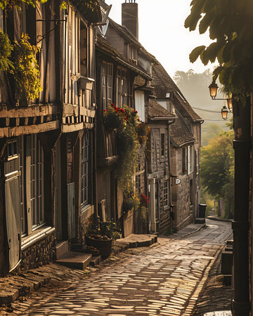 a cobblestone street in an old european villageの素材