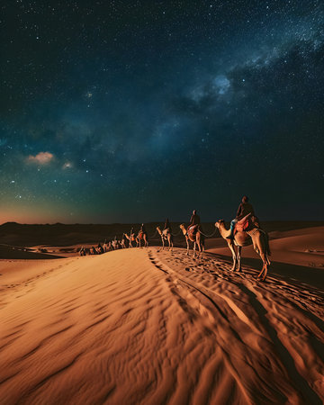 a group of people riding camels across a desertの素材