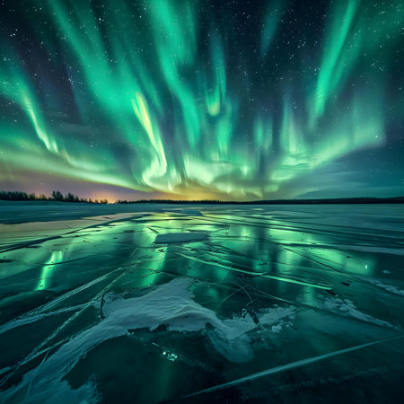 the aurora bore over a frozen lake at nightの素材