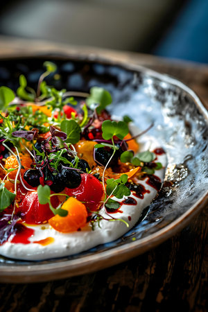 a plate of food on a wooden tableの素材