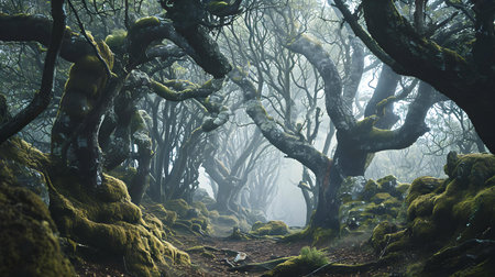 a path in the middle of a forest covered in mossの素材