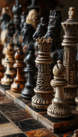 a collection of chess pieces sitting on top of a tableの素材