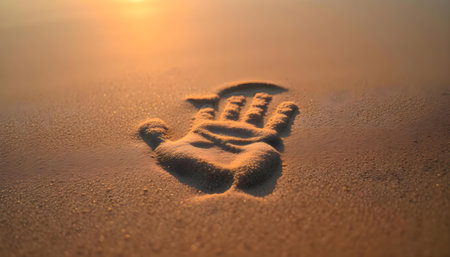 a hand print in the sand on a beachの素材