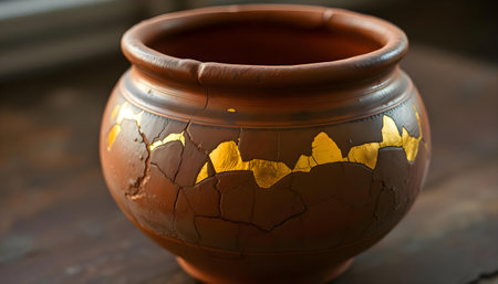 a brown vase with yellow leaves painted on itの素材