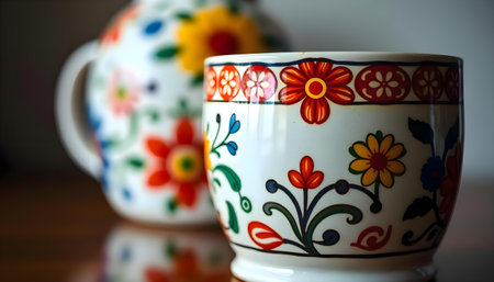 a close up of two cups on a tableの素材