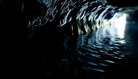 the water is reflecting the light in the darkの素材