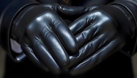 a close up of a person wearing black leather glovesの素材