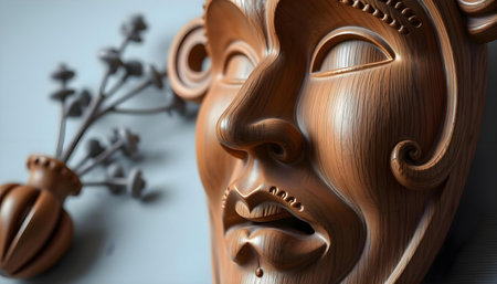 Wooden face mask, 3d rendering. Computer digital drawing.の素材