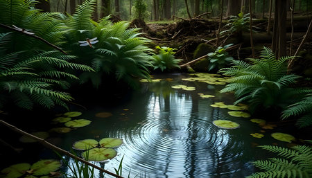 a pond with lily pads in the middle of a forestの素材