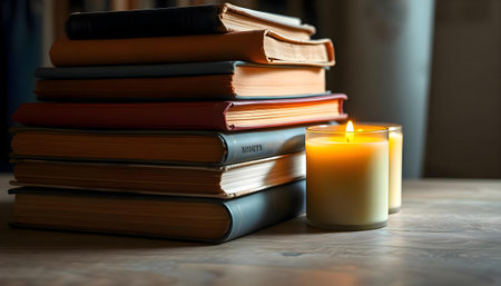a stack of books next to a lit candleの素材