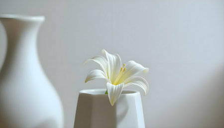 two white vases with a single white flower in themの素材