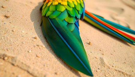 a colorful bird is laying on the sandの素材