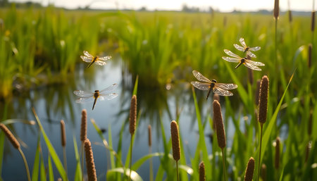 a couple of dragonflies are flying over some waterの素材