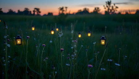 a field full of grass with some lights in the grassの素材