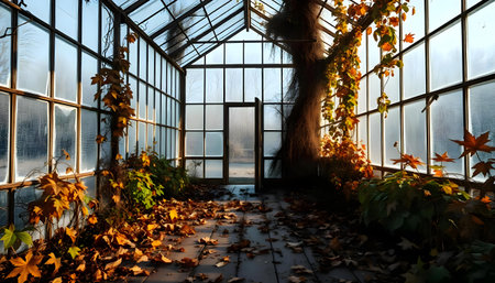 a room filled with lots of windows covered in leavesの素材