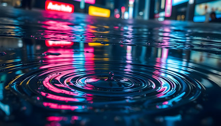 a close up of a water drop with a city in the backgroundの素材