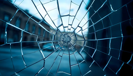 a broken glass window with a building in the backgroundの素材
