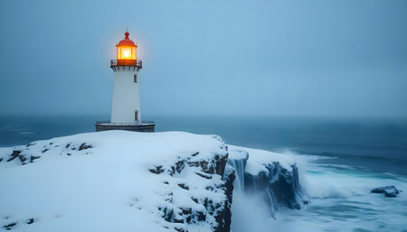 a light house sitting on top of a snow covered cliffの素材